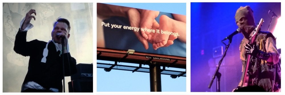 MDF 2015, left to right: Matti Tilaeus of Skepticism; the billboard looming over the Edison Lot (your energy belongs in the PIT, duh); all the way from Creepsylvania, Digestor of Ghoul.