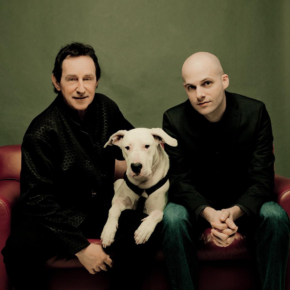 Karl Walterbach of Noise Records (left), dog Kira, and Damn the Machine author David Gehlke.