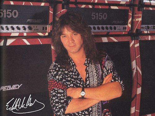 Eddie Van Halen with some 5150 amps (in his standard colors, of course).