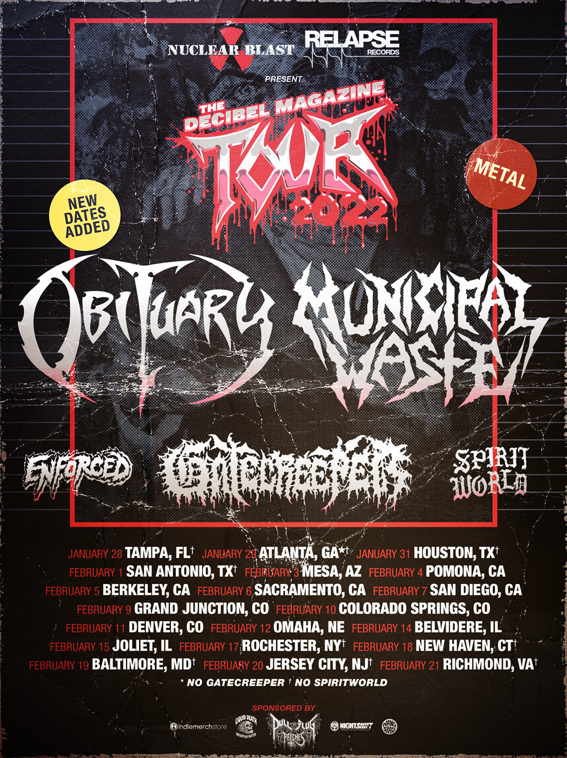 More Dates Added to the Decibel Magazine Tour 2022 Featuring OBITUARY, MUNICIPAL WASTE, GATECREEPER & ENFORCED!